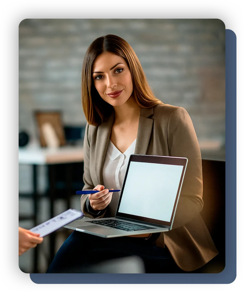 Mujer profesional sosteniendo una laptop y señalando la pantalla, representando el enfoque analítico y cercano del servicio.