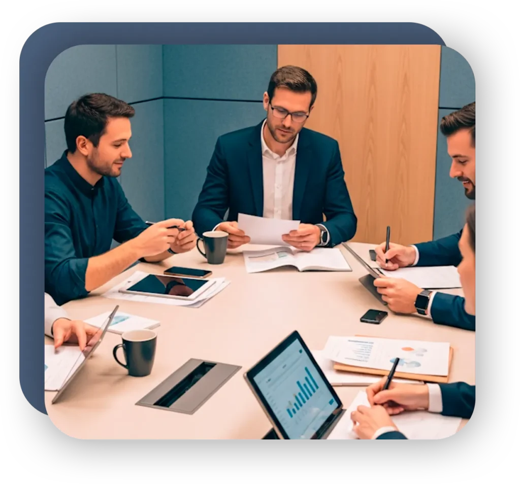 Equipo en sala de juntas revisando documentos con gráficos y métricas, imagen utilizada para el servicio de consultoría en riesgos corporativos de RS Consultoría.