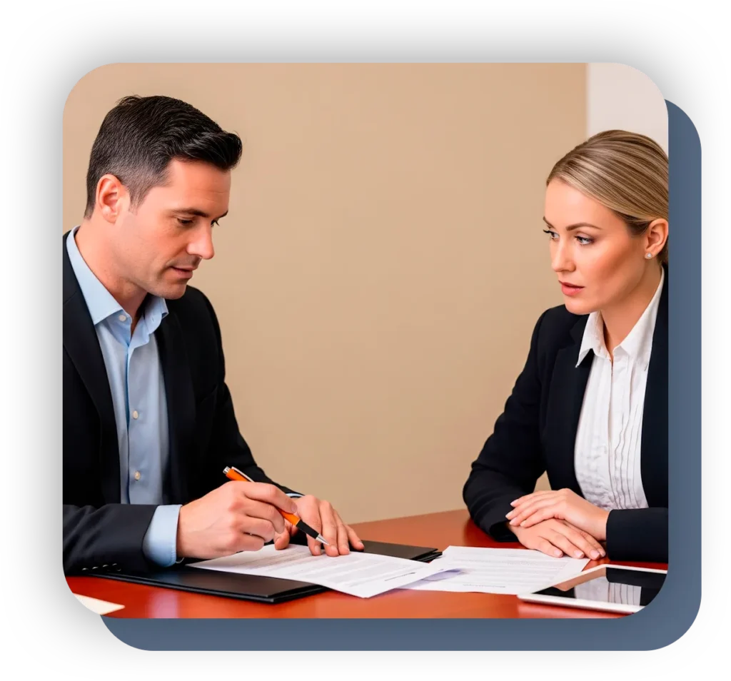 Hombre firmando un documento frente a una mujer en una mesa, imagen utilizada para el servicio de análisis, gestión y redacción de instrumentos jurídicos.