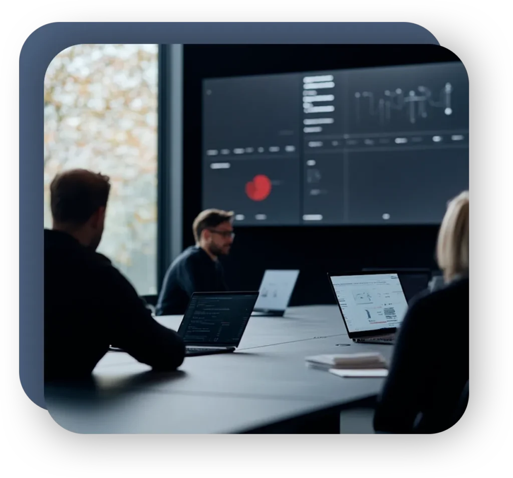 Tres profesionales en una sala de juntas observando una presentación, imagen utilizada para el servicio de consultoría patrimonial y gestión de activos.