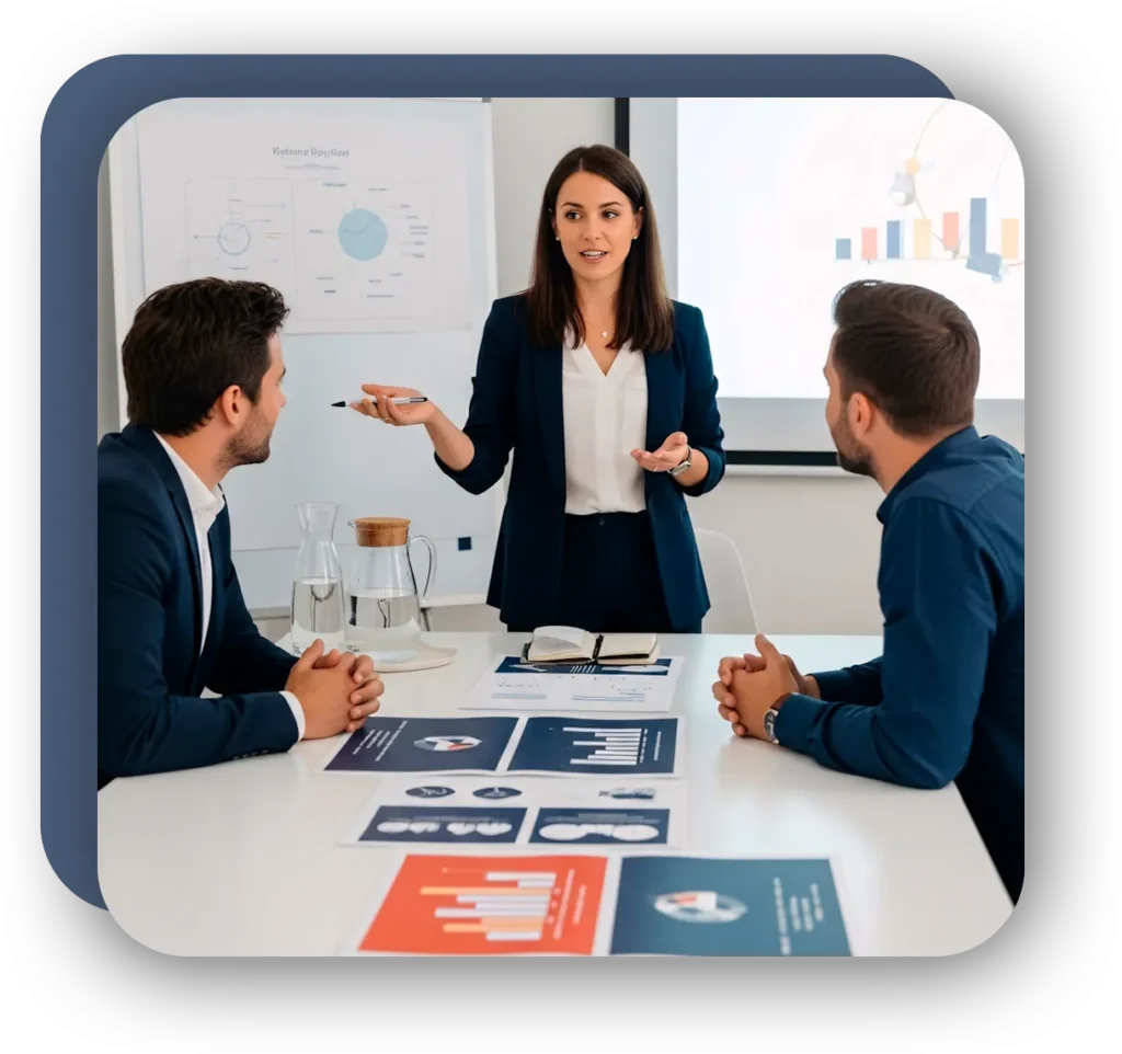 Profesional realizando una presentación en sala de juntas mientras dos colegas escuchan, imagen usada para la sección “Acerca de Nosotros” de RS Consultoría.