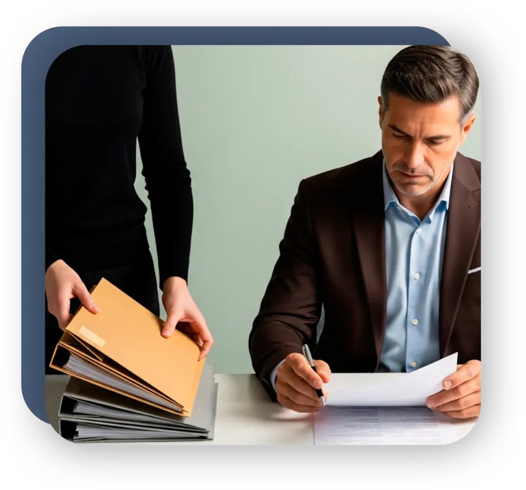 Hombre revisando documentos en un escritorio mientras una mujer sostiene folders, imagen utilizada para el servicio de reingeniería corporativa de RS Consultoría.