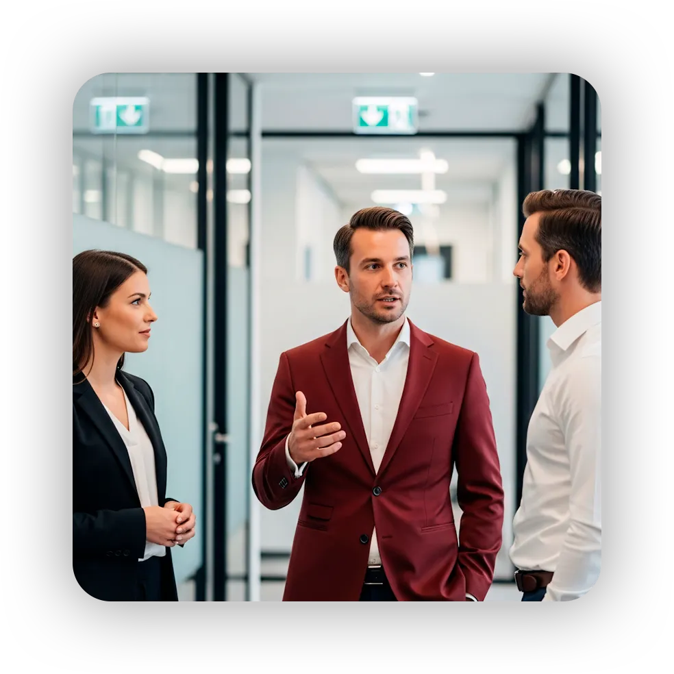 Tres profesionales conversando en una oficina, representando la cultura colaborativa de RS Consultoría.