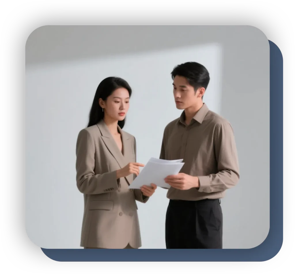 Hombre y mujer de pie revisando documentos fiscales, imagen utilizada para el servicio de consultoría fiscal corporativa de RS Consultoría.