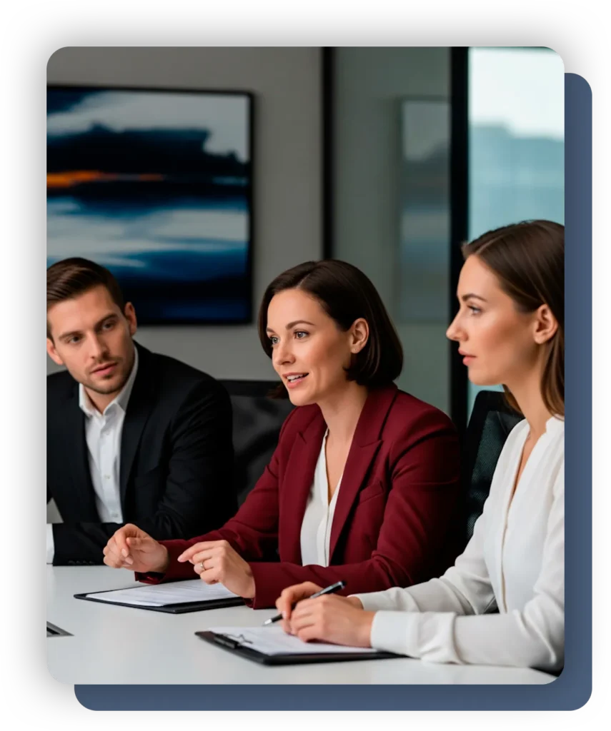 Tres profesionales reunidos en una mesa con cuadernillos mientras una mujer explica información, imagen usada en la sección “Por qué elegirnos” de RS Consultoría.