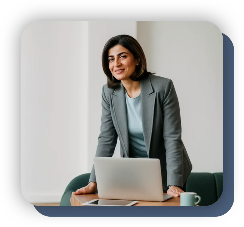 Mujer sonriente en su lugar de trabajo frente a una laptop, representando la cercania y confianza del servicio de litigio corporativo y fiscal.